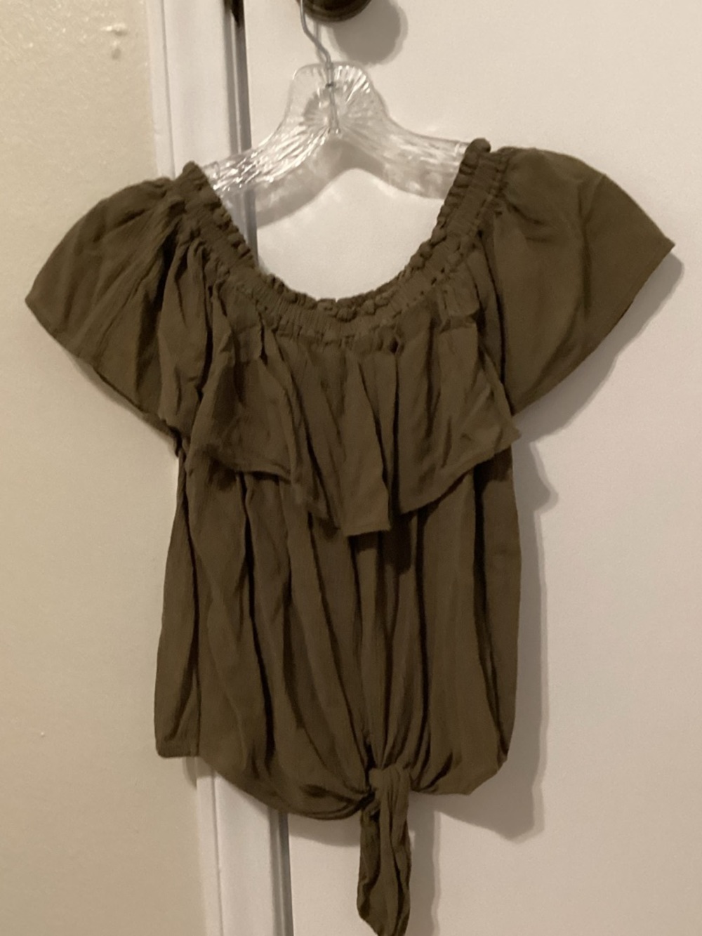 Express Olive Green Off-The-Shoulder Tie-Front Blouse